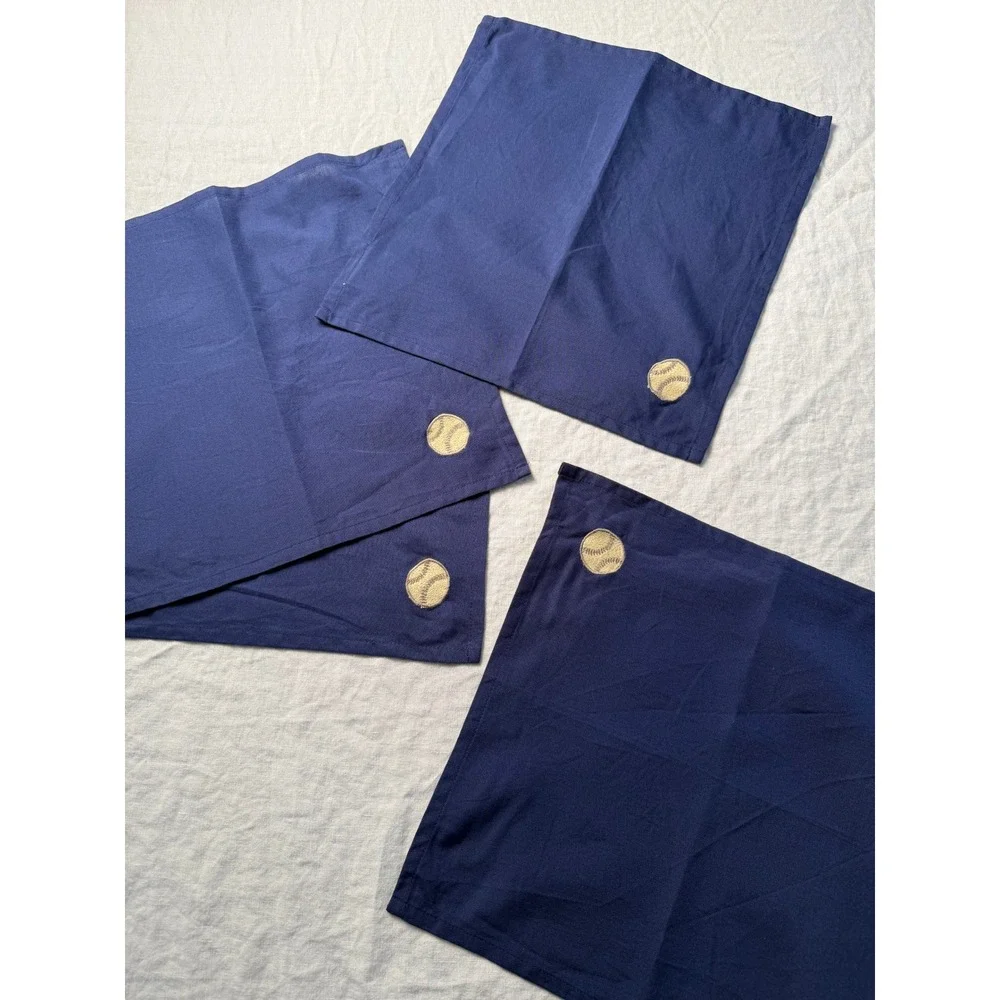 Pottery Barn Kids Napkins OS Navy Blue Baseball Organic Cotton Fabkins Set of 4